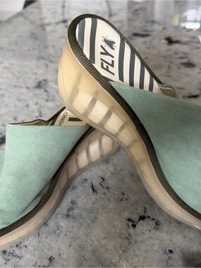 SOLD!
Fly London Mint Green Suede Slide Wedge with Translucent Sole